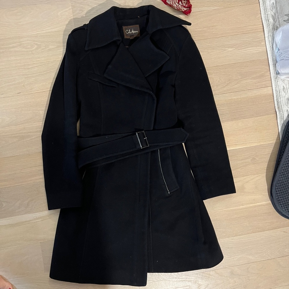 Cole Haan Black Winter Wool blend camel coat asymmetric zipper peacoat belted